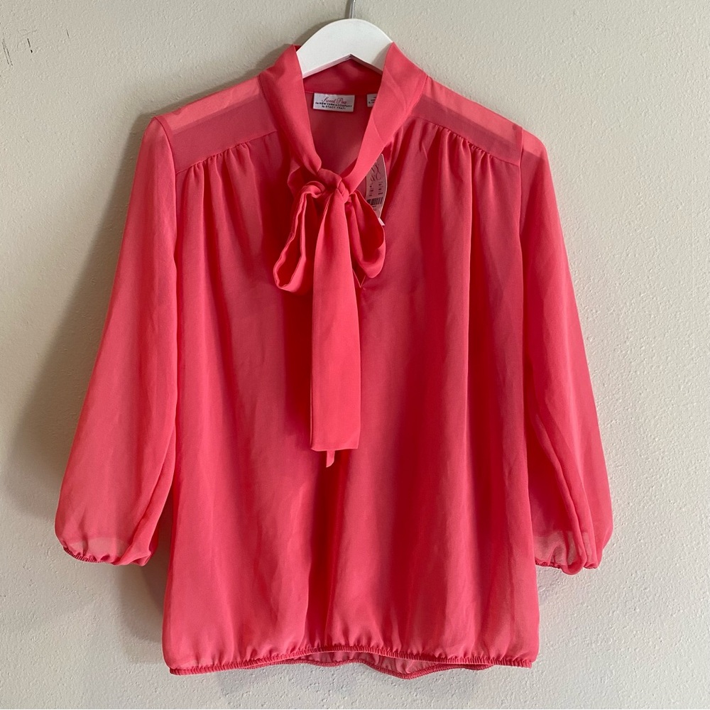 Sweet Pea for NY&C Tie Neck Blouse Size XS Vibrant Pink Coral